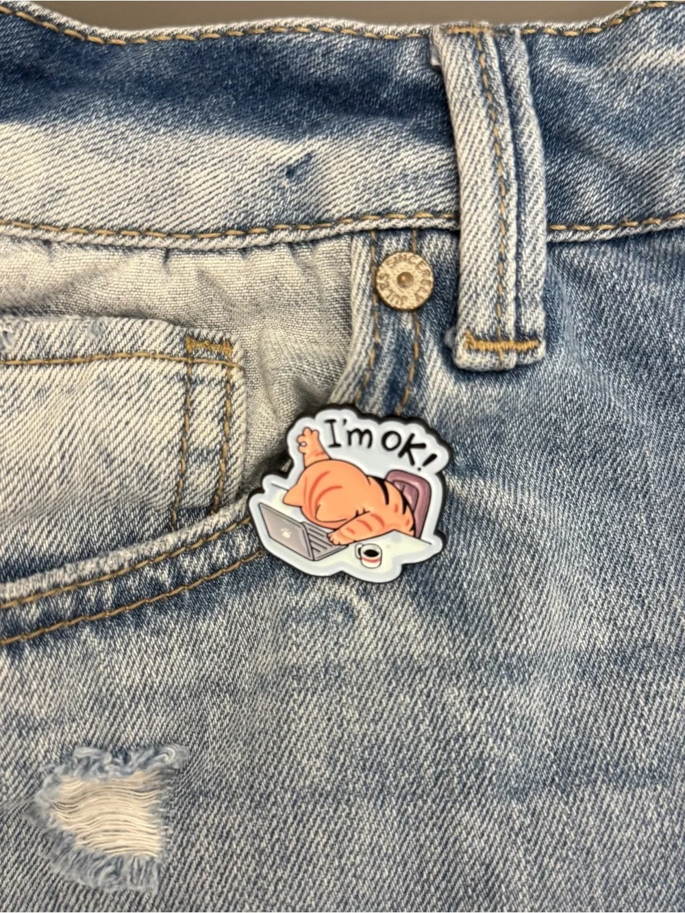 Funny Cat Laptop Enamel Pin “I’m OK!” Cute Meme Brooch Lapel Backpack Badge